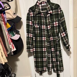 JustFab Green and White Plaid Trench Coat
